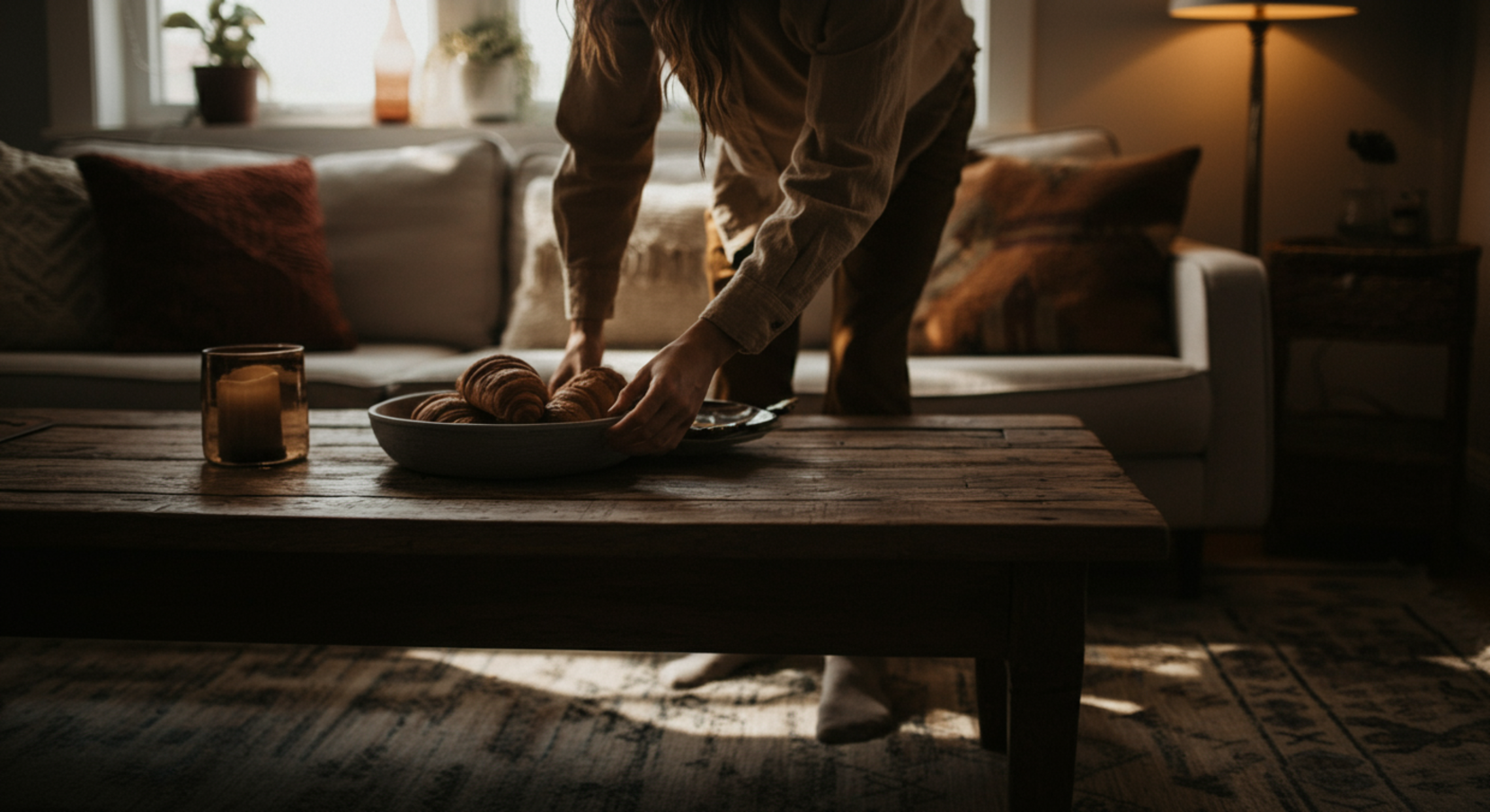 Living with rustic coffee table